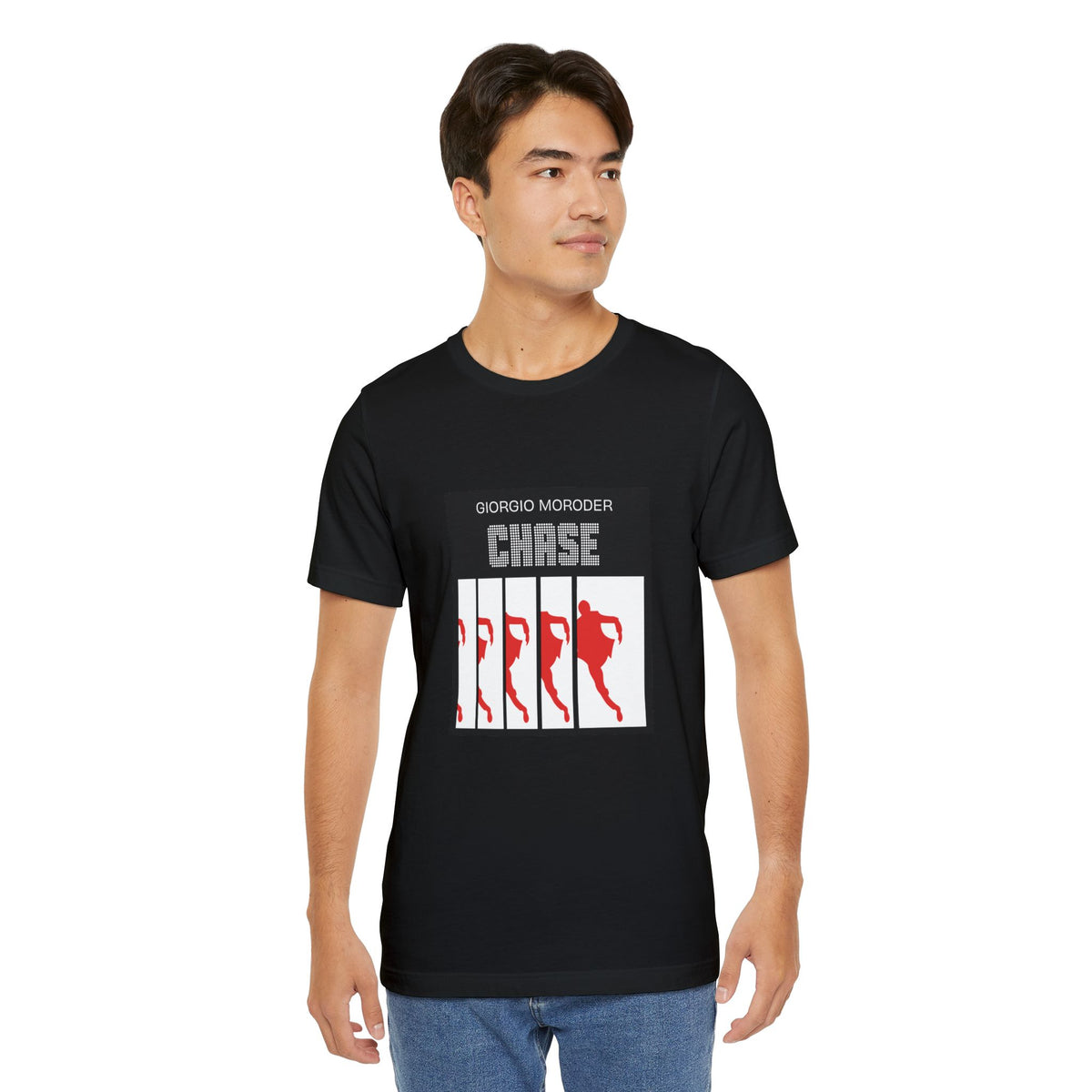 Front view of a man modeling a black Giorgio Moroder Chase graphic T-shirt with blue jeans.
