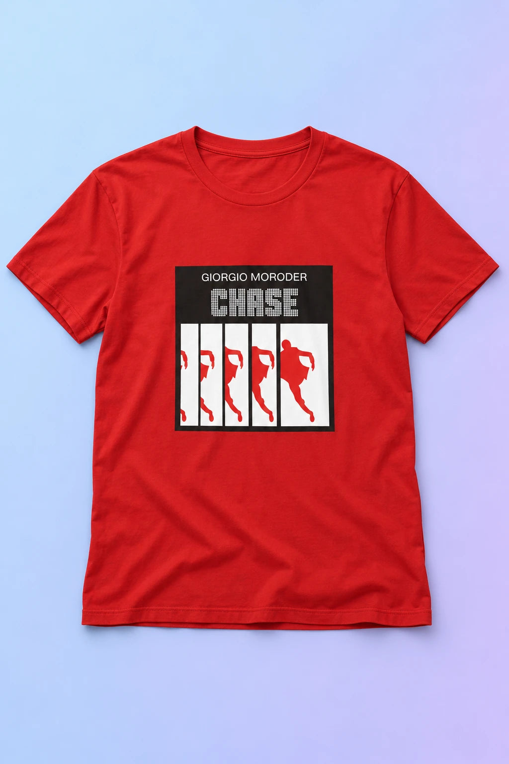 Red Giorgio Moroder Chase T-shirt laid flat on a soft blue and lavender gradient background.