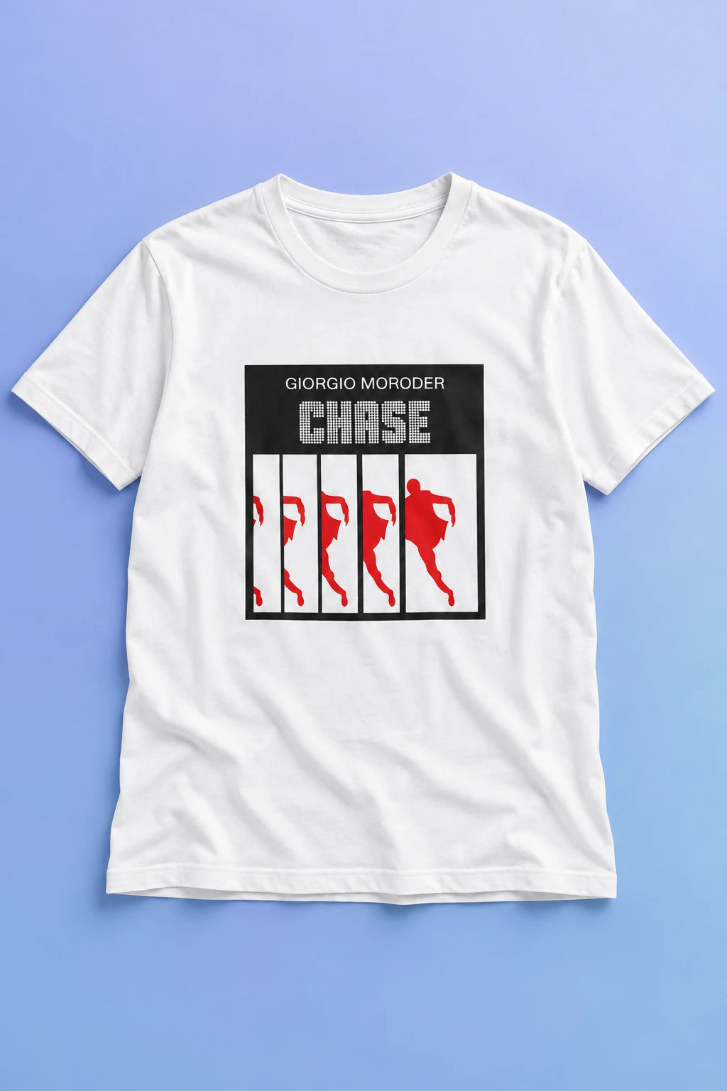 White Giorgio Moroder Chase T-shirt laid flat on a pastel blue and periwinkle gradient background.