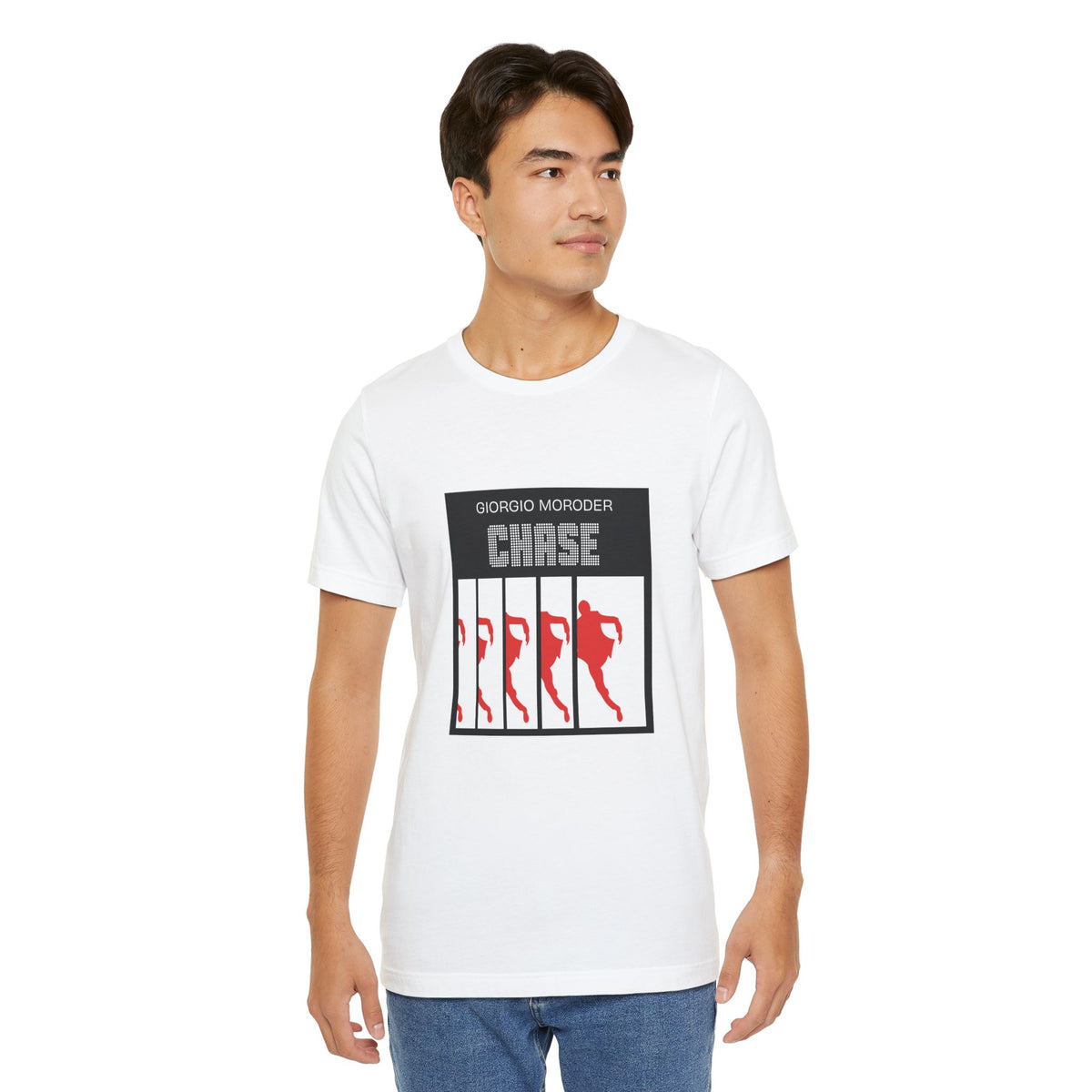 Front view of a man wearing a white Giorgio Moroder Chase T-shirt with the single-cover artwork centered on the chest.