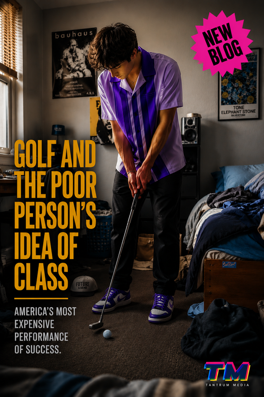 Editorial blog cover featuring a Gen Z male practicing golf in a messy working-class bedroom while wearing a purple retro golf shirt and purple sneakers, with bold yellow typography reading “Golf and the Poor Person’s Idea of Class,” a pink “New Blog” starburst, and the Tantrum Media logo.