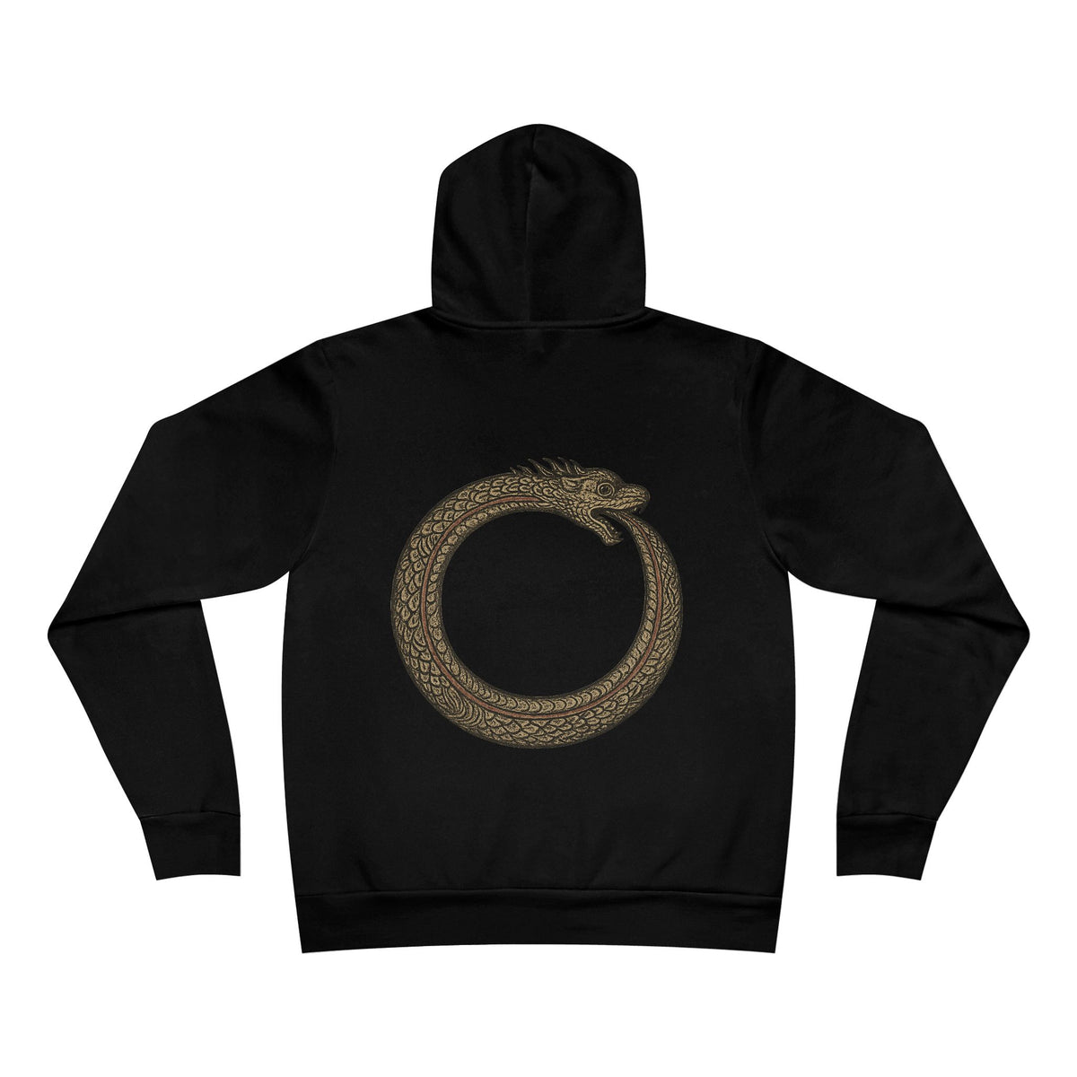 Black Good Karma Circle Unisex Hoodie back view with circular snake graphic