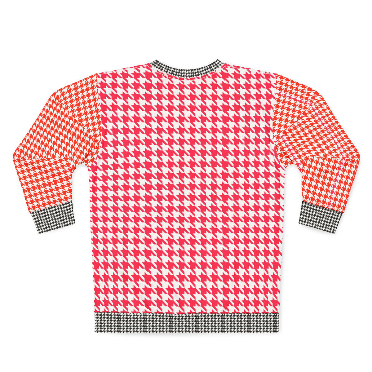 Back view of the Goose Foot Pattern Sweatshirt with pink and orange pattern and contrasting trim.