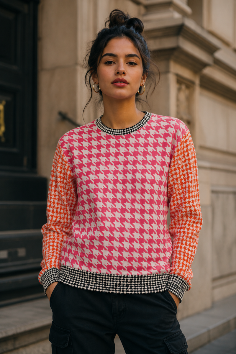 Young woman wearing the Goose Foot Pattern Sweatshirt in an editorial streetwear setting.