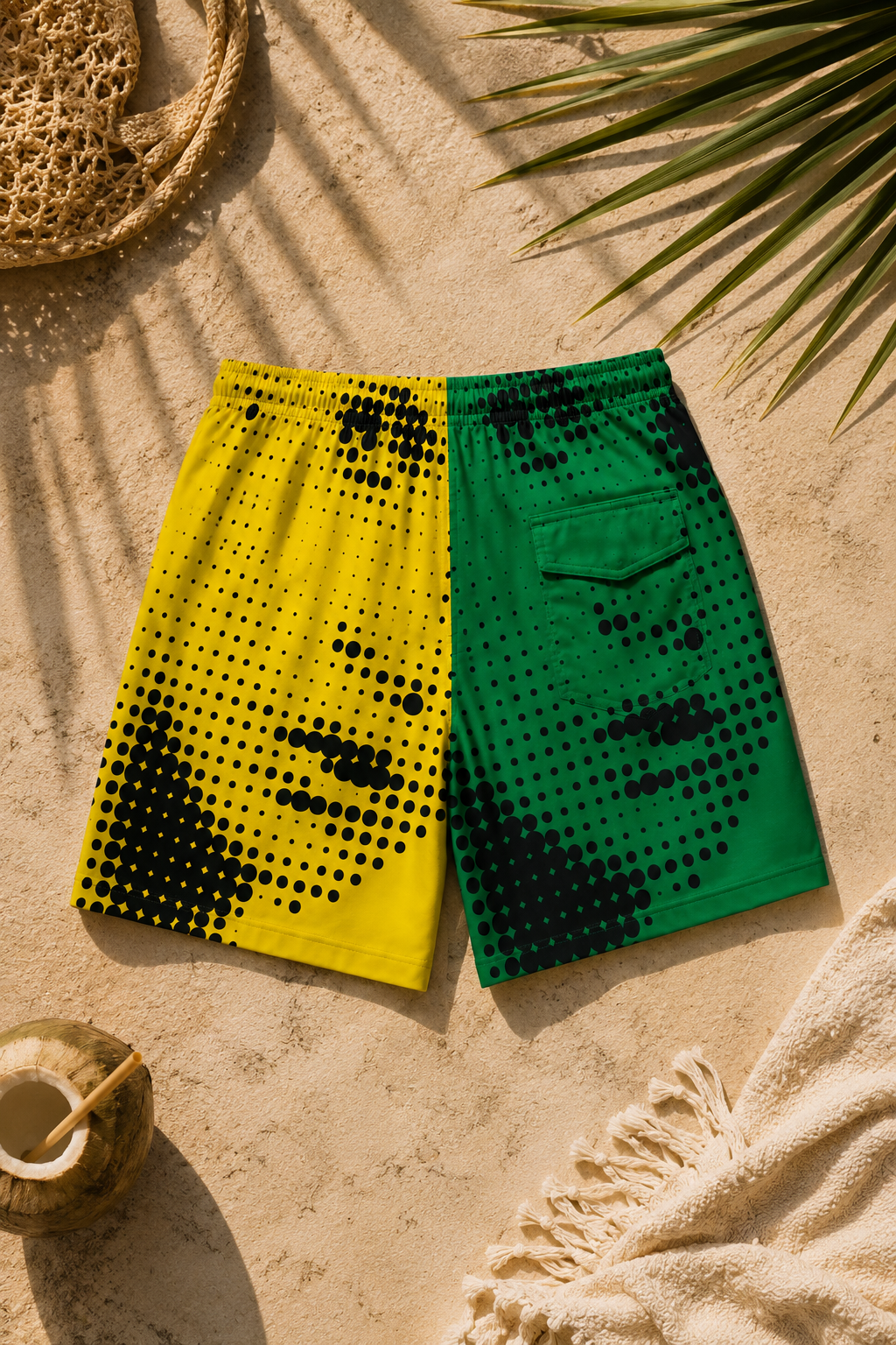 Graphic halftone beach shorts photographed with tropical summer accessories and beach textures