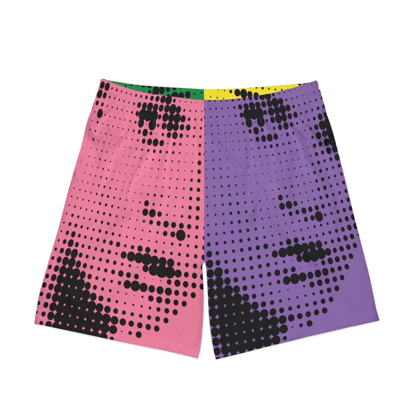 Front view of artistic halftone graphic beach shorts with colorful split-tone design