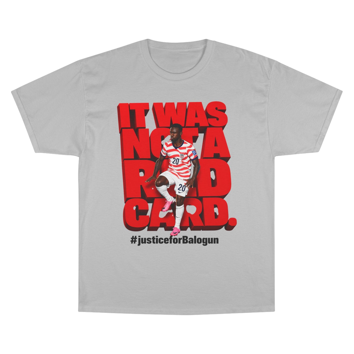 gray soccer graphic t-shirt with Balogun protest design front view