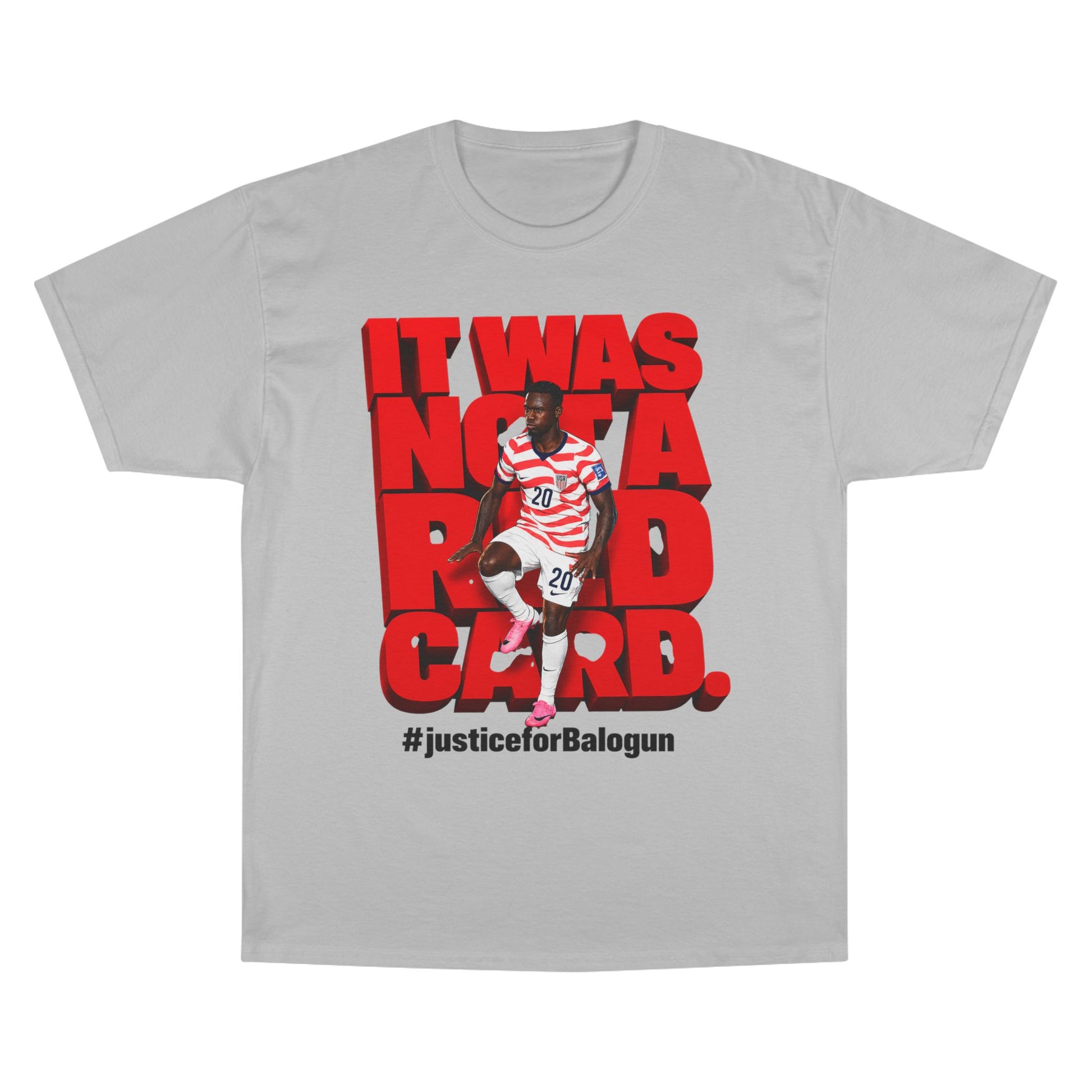gray soccer graphic t-shirt with Balogun protest design front view