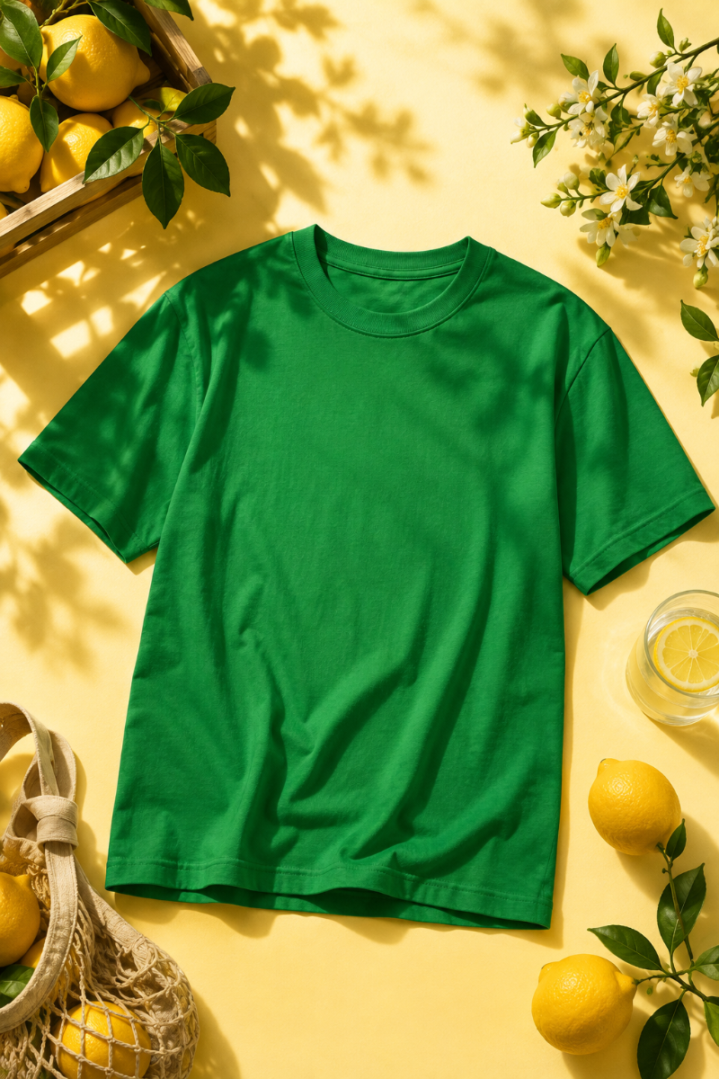 Green lemon back print T-shirt flat lay with lemons and limes on a pastel peach background