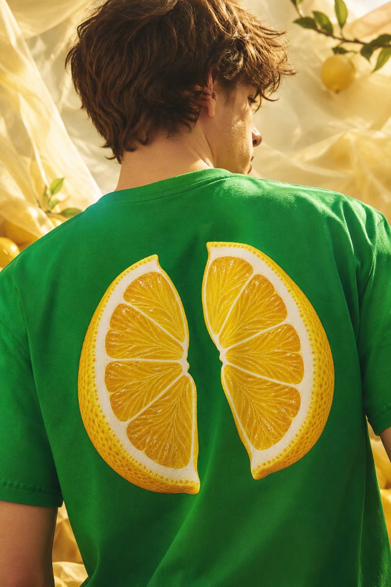 Close-up of green heavyweight T-shirt with detailed yellow lemon wedge back graphic