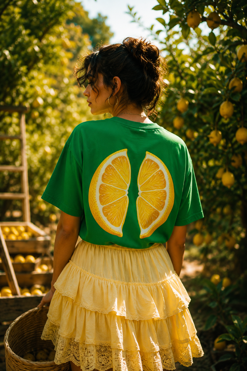 Female styling a green lemon graphic T-shirt with yellow skirt in a Mediterranean citrus orchard