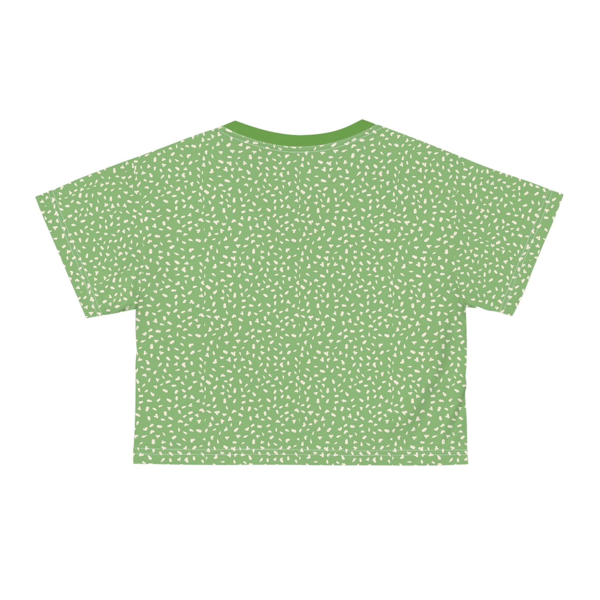 Back view of green speckled crop top with all-over minimalist speckled design