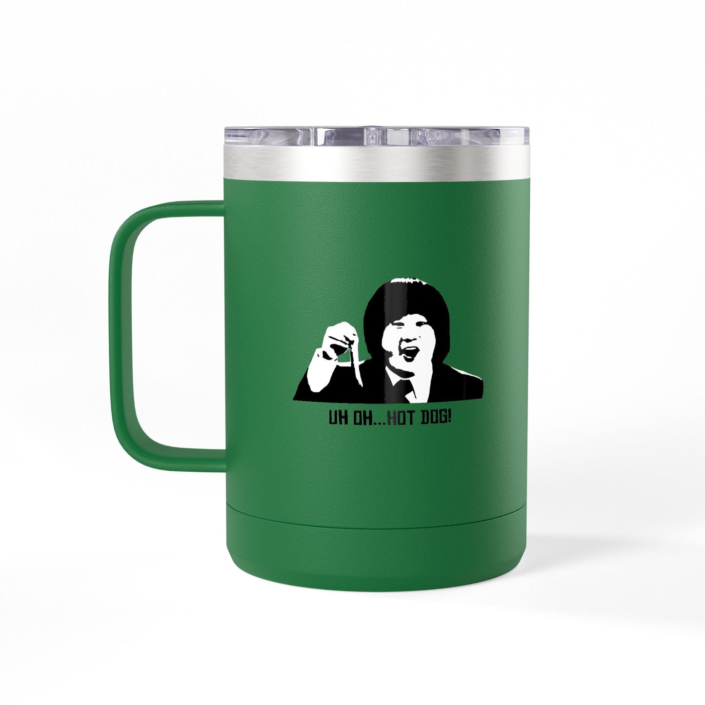 Green Uh Oh Hot Dog MADtv stainless steel travel mug featuring black character artwork
