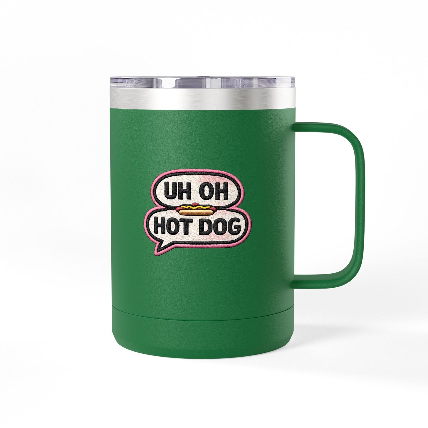 Green Uh Oh Hot Dog MADtv insulated coffee mug with speech-bubble print and handle