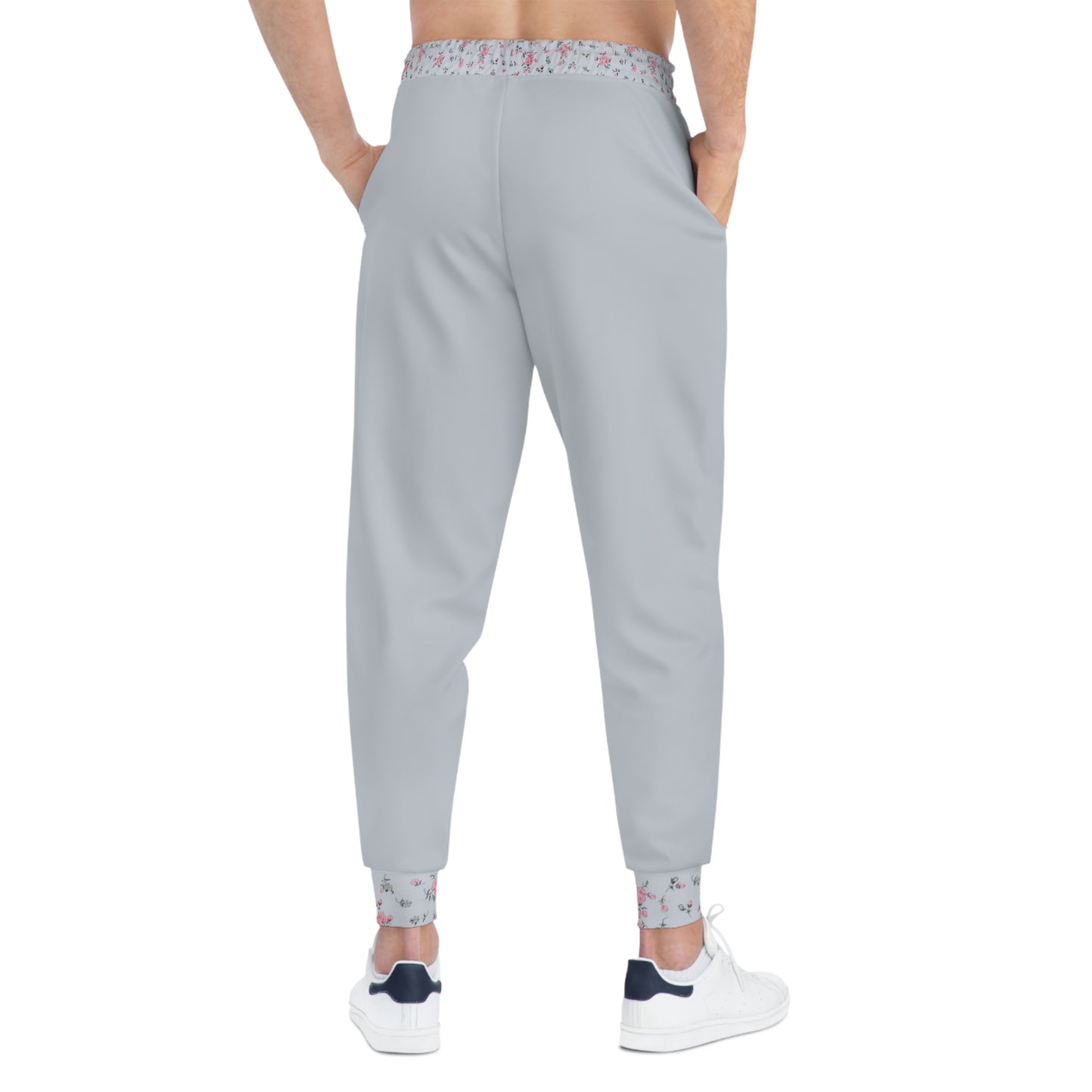 Rear view of grey floral joggers with floral waistband detail