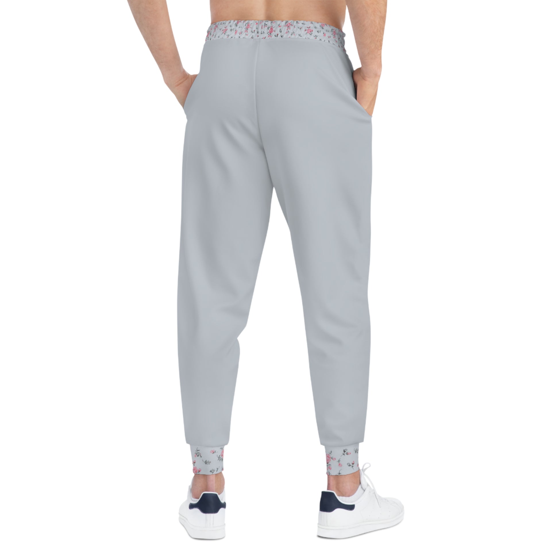 Rear view of grey floral joggers with floral waistband detail