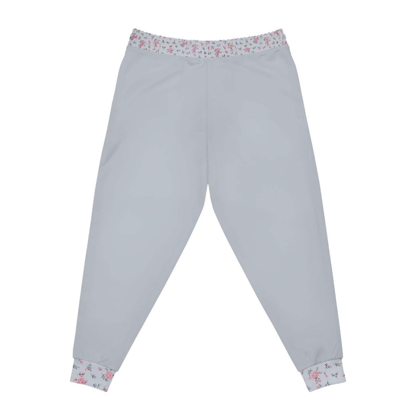 Back view of grey floral joggers with floral accents

