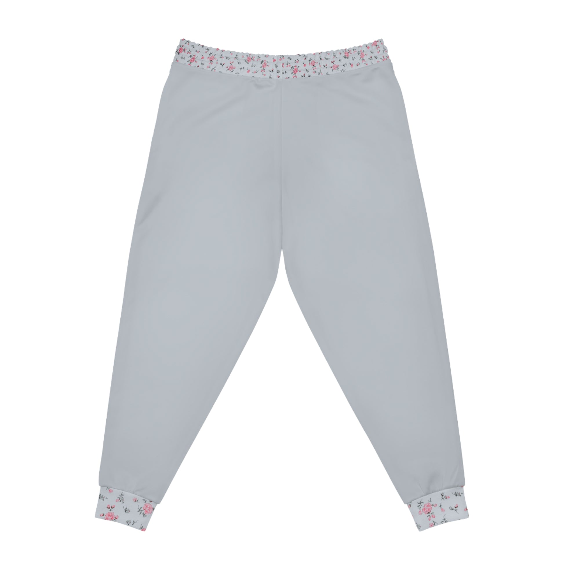 Back view of grey floral joggers with floral accents
