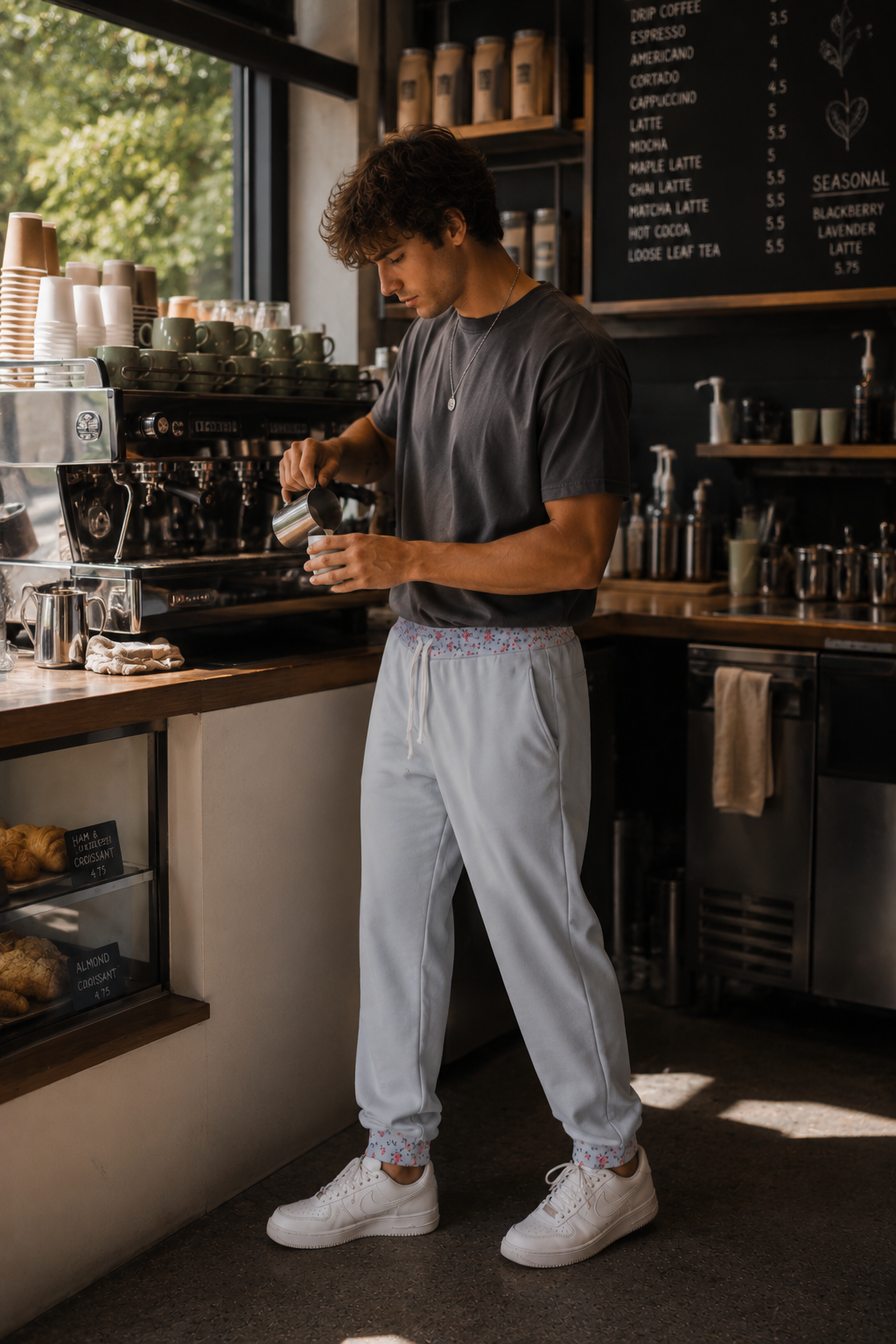 Young barista wearing grey floral joggers in a coffee shop