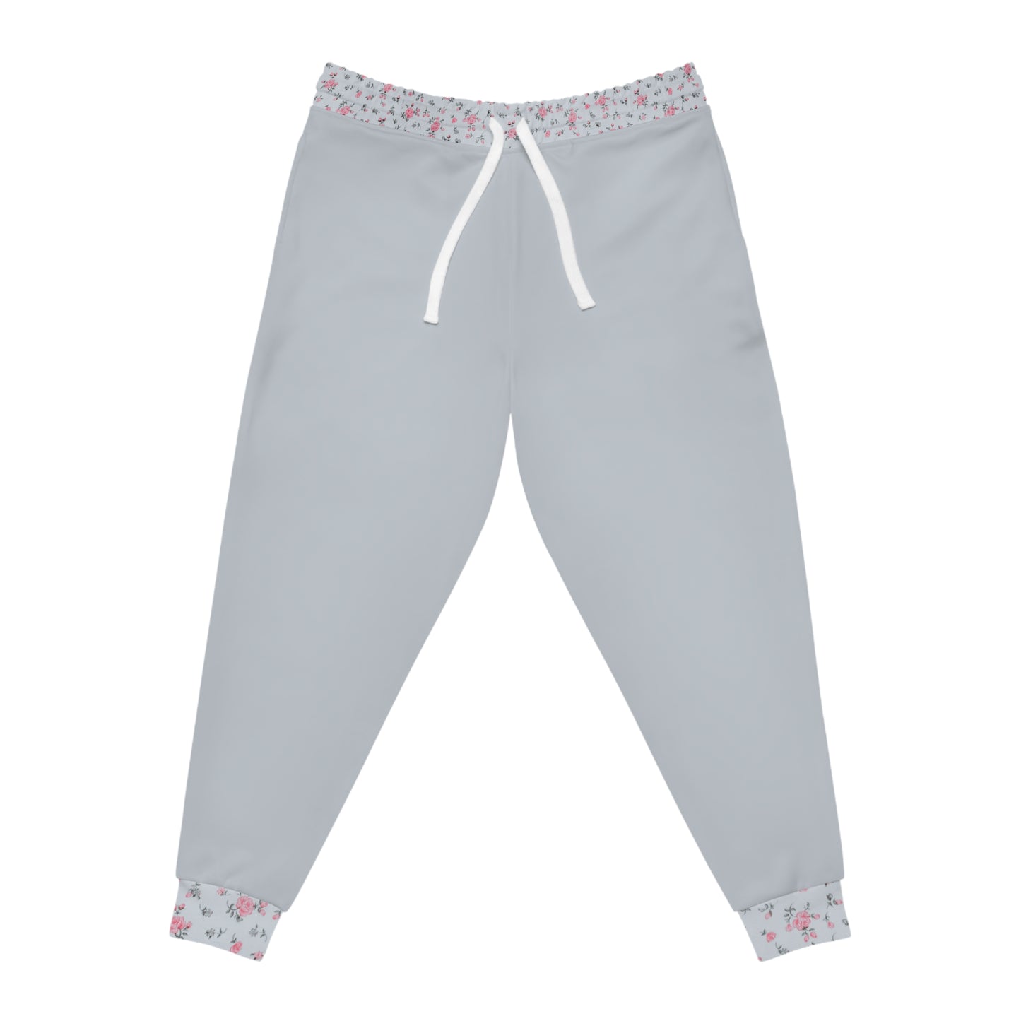 Front view of grey floral joggers with floral waistband and ankle cuffs
