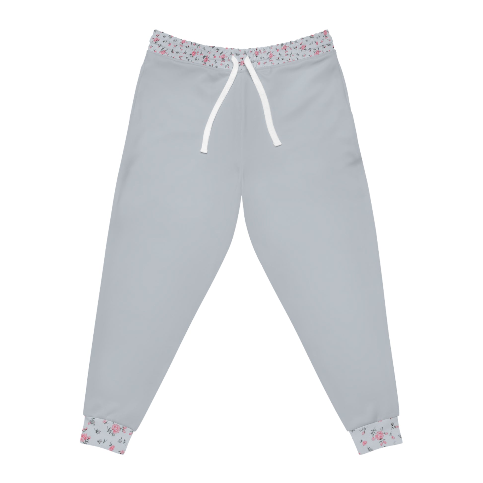 Front view of grey floral joggers with floral waistband and ankle cuffs