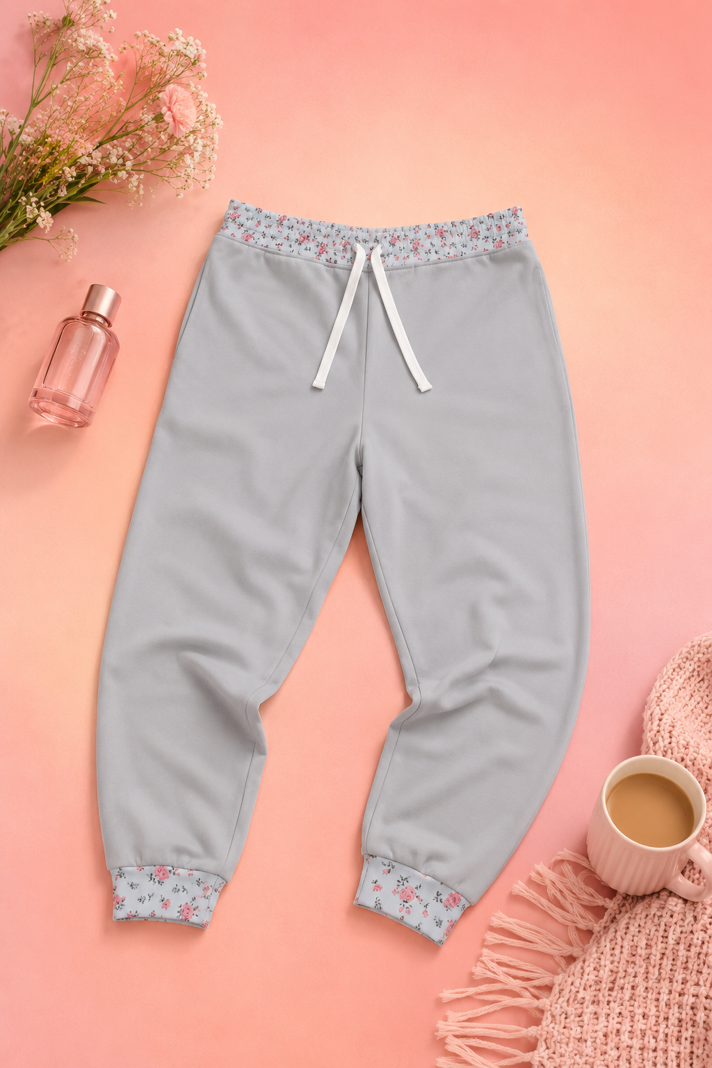 Grey floral joggers styled on a soft pink editorial flat lay background
