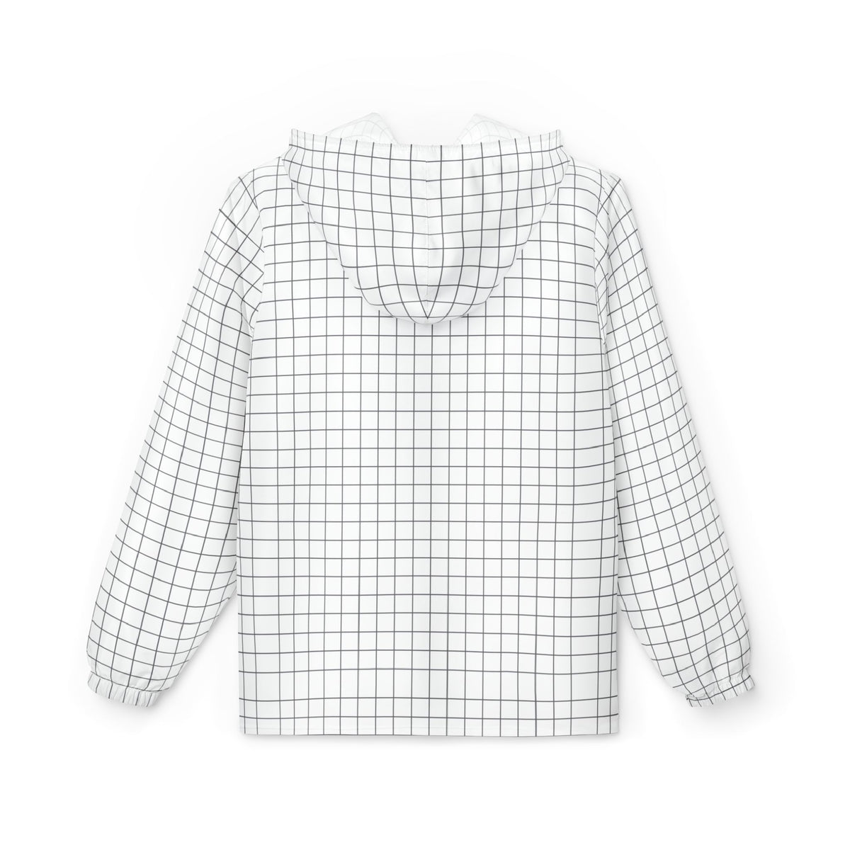 Black and white grid hooded windbreaker jacket back view