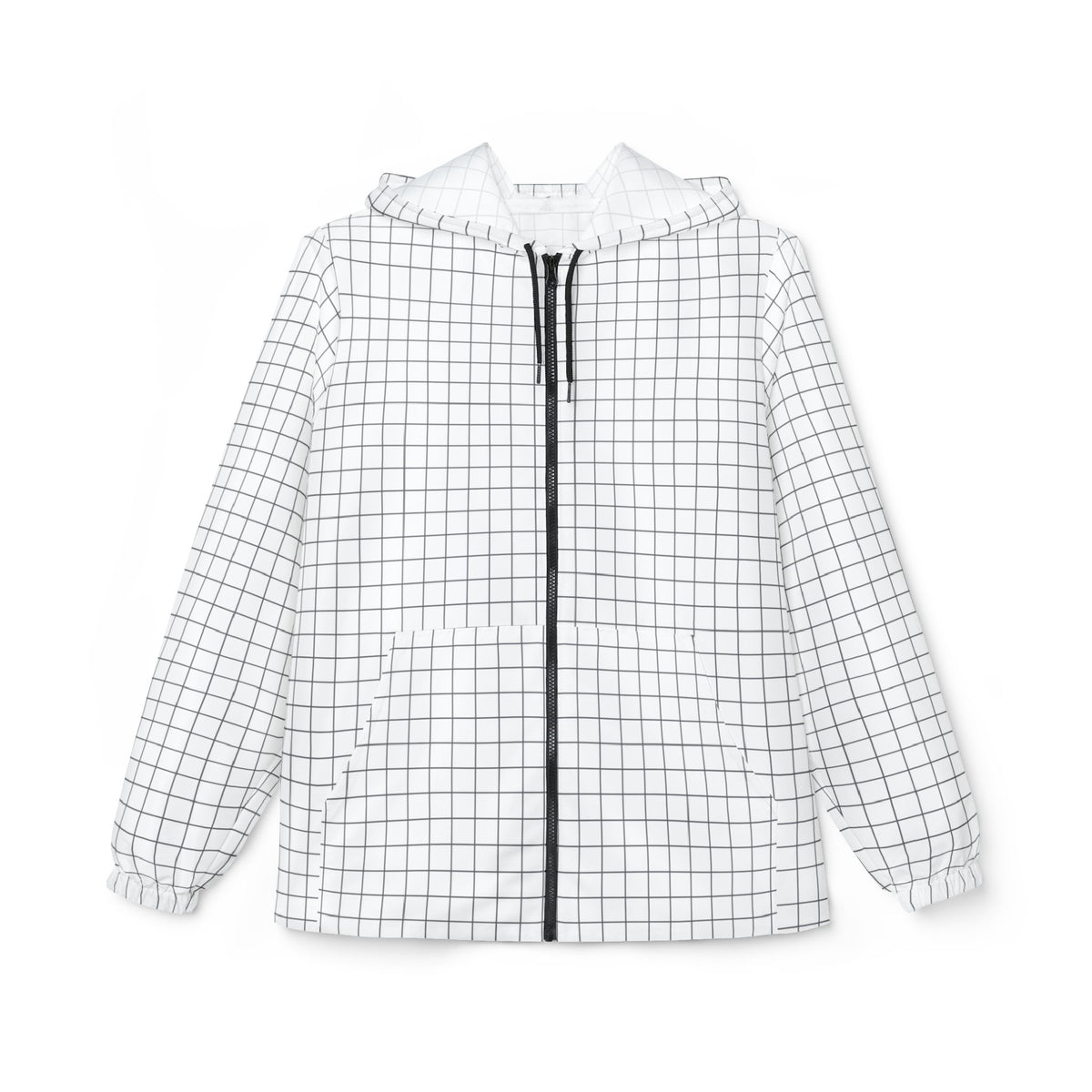 Black and white grid hooded windbreaker jacket front view