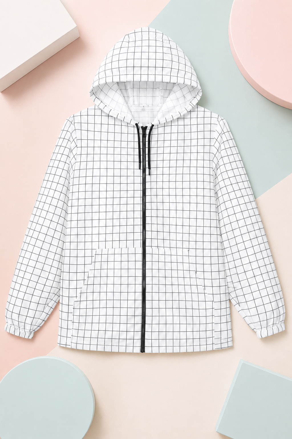 Black and white grid windbreaker jacket on a pastel geometric background