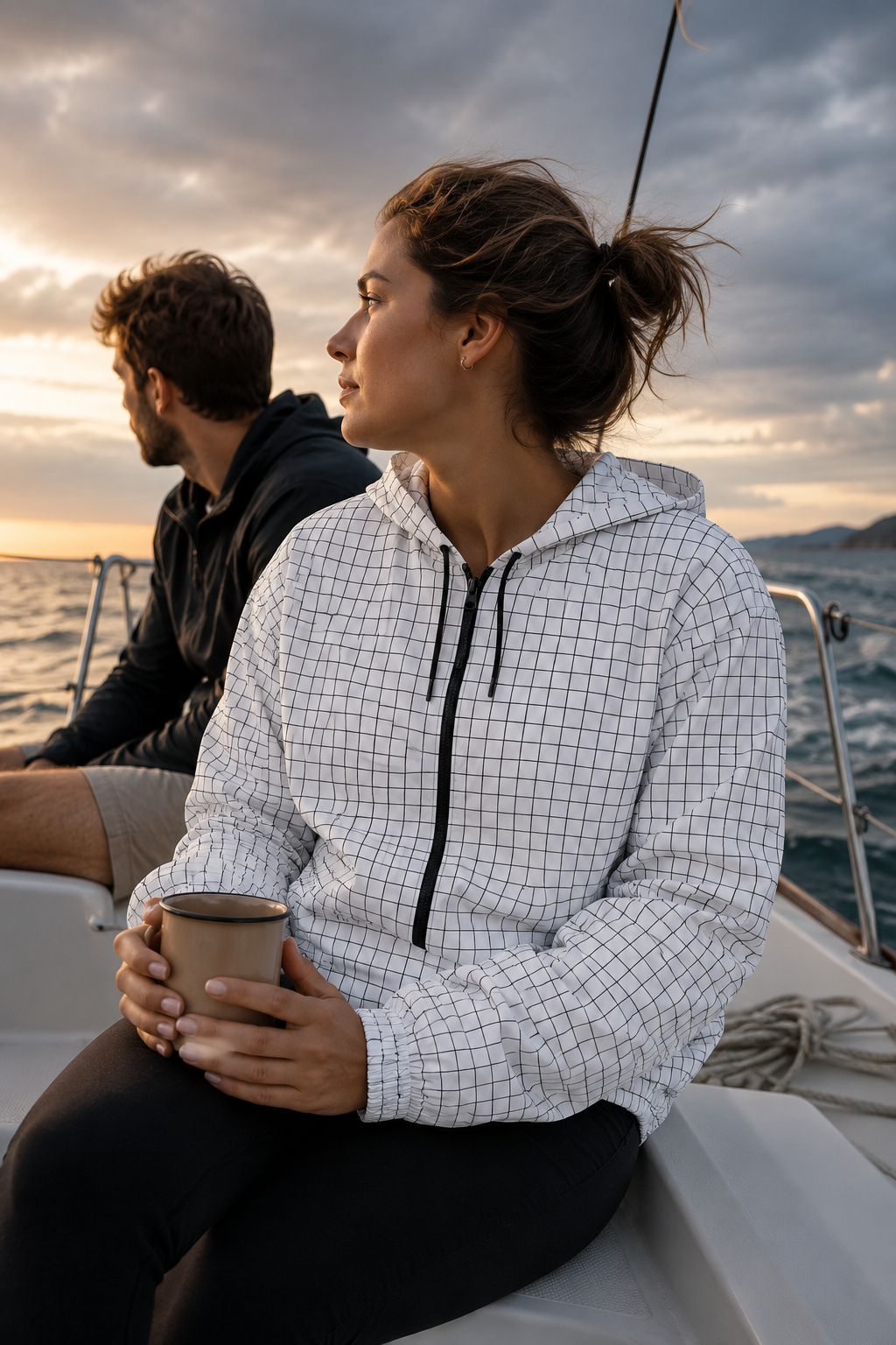 Woman wearing a black and white grid windbreaker jacket on a sailboat
