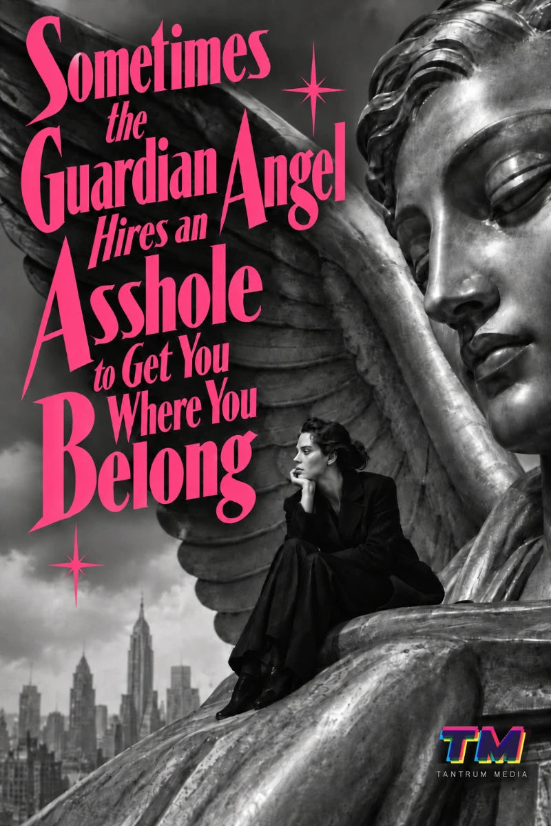 Black-and-white Tantrum Media Magazine cover featuring a giant guardian angel statue, a seated woman, hot pink retro typography, and the title “Sometimes the Guardian Angel Hires an Asshole to Get You Where You Belong.”