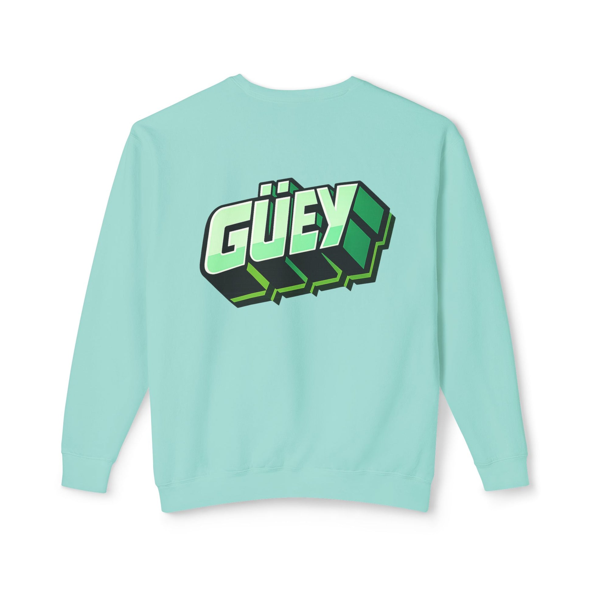 Mint green Güey Mexican slang sweatshirt with large graphic print, back view