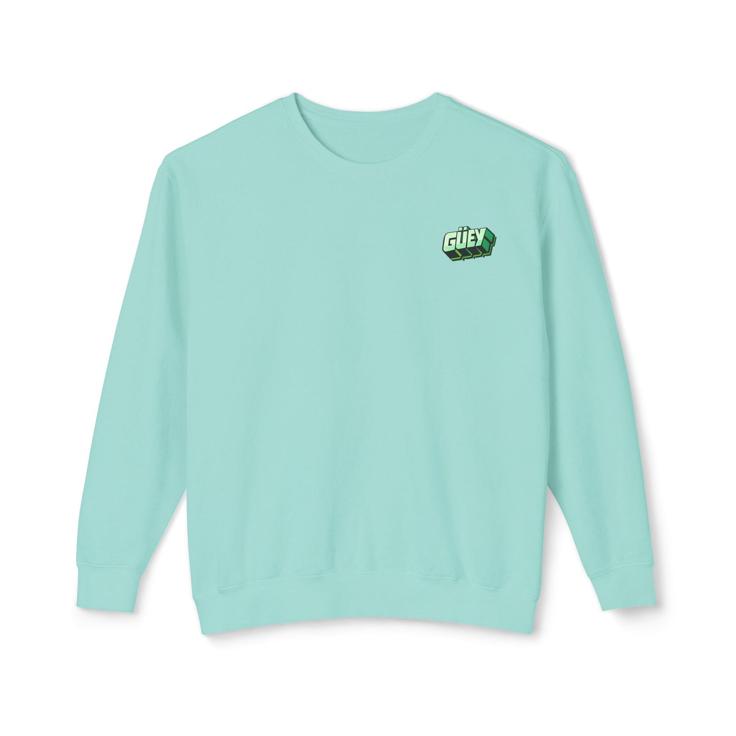 Mint green Güey Mexican slang crewneck sweatshirt with small chest graphic, front view