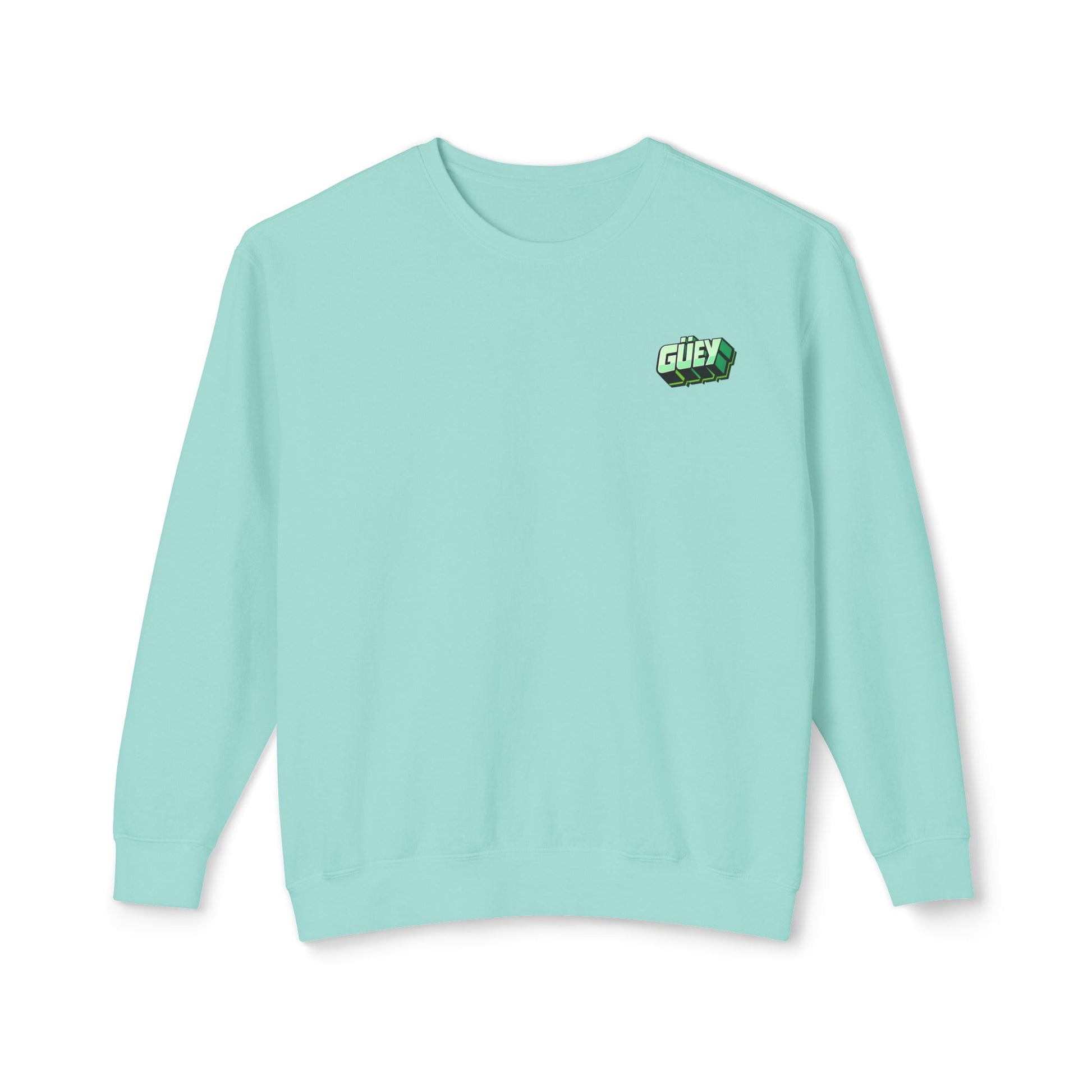 Mint green Güey Mexican slang crewneck sweatshirt with small chest graphic, front view