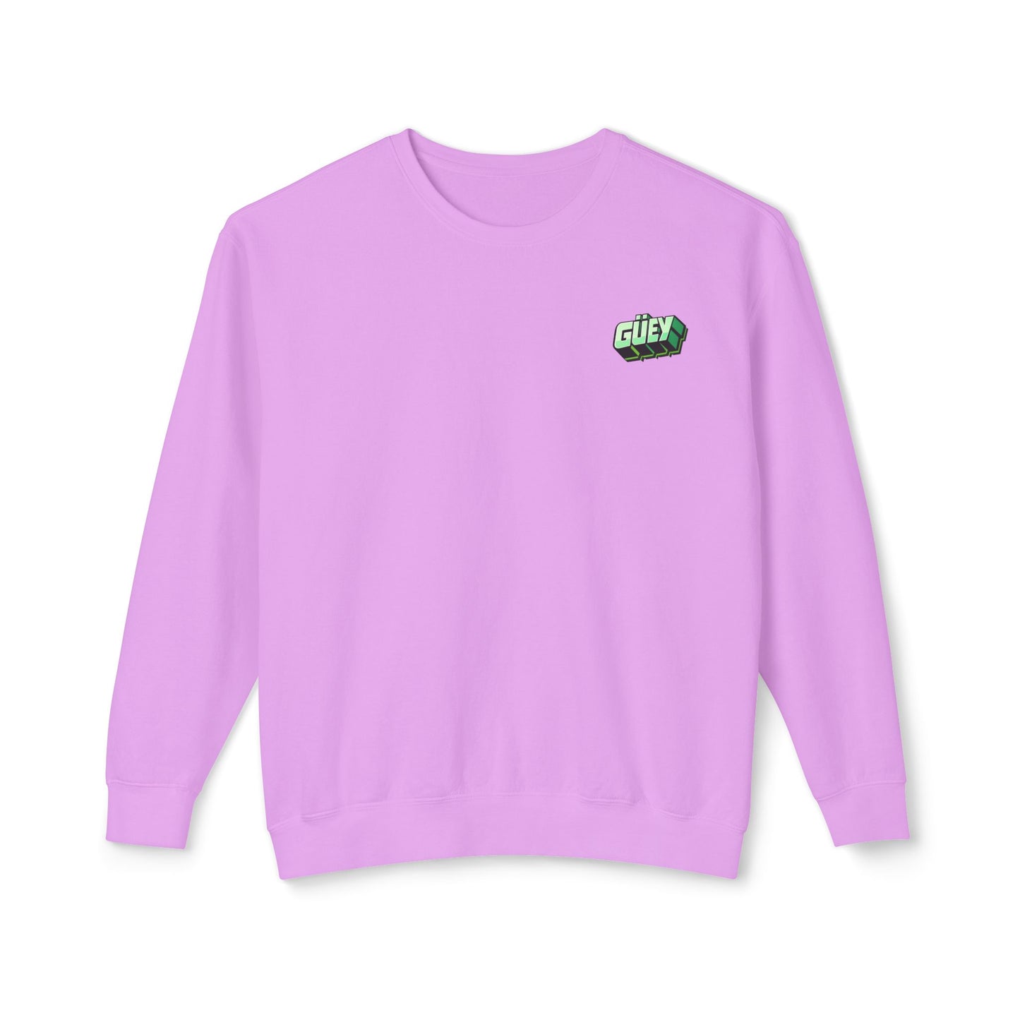 Purple Güey Mexican slang crewneck sweatshirt with small green chest graphic, front view