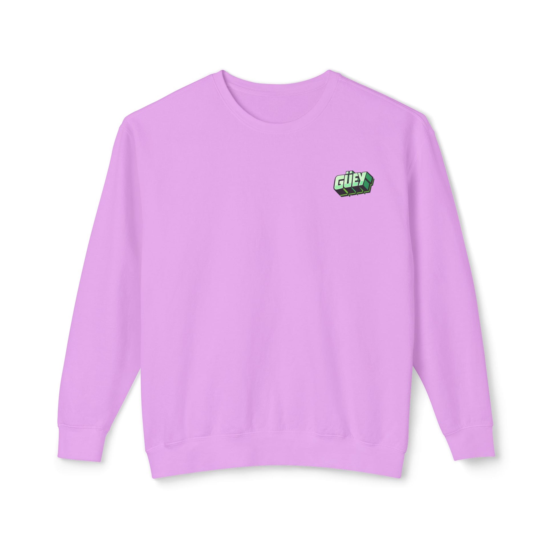 Purple Güey Mexican slang crewneck sweatshirt with small green chest graphic, front view