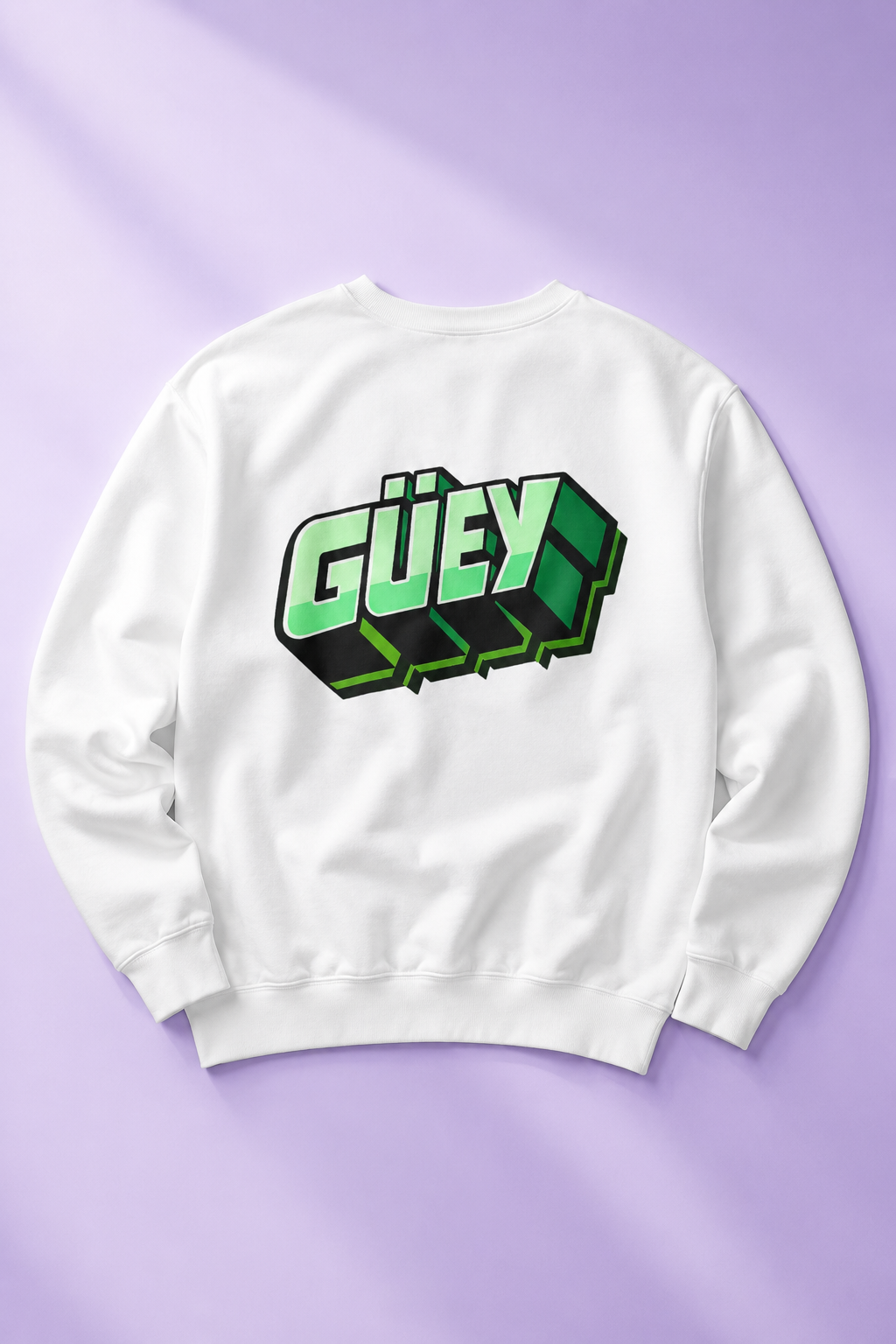 White Güey Mexican slang graphic sweatshirt back view on a light lavender background