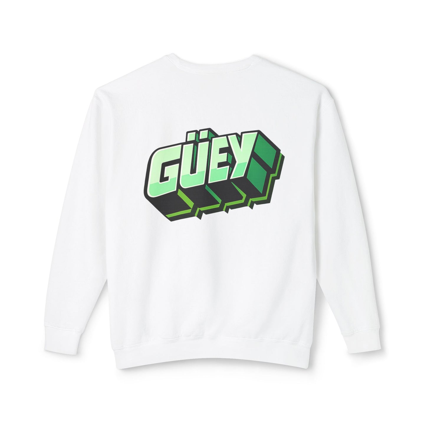 White Güey Mexican slang graphic sweatshirt with large green back print, rear view