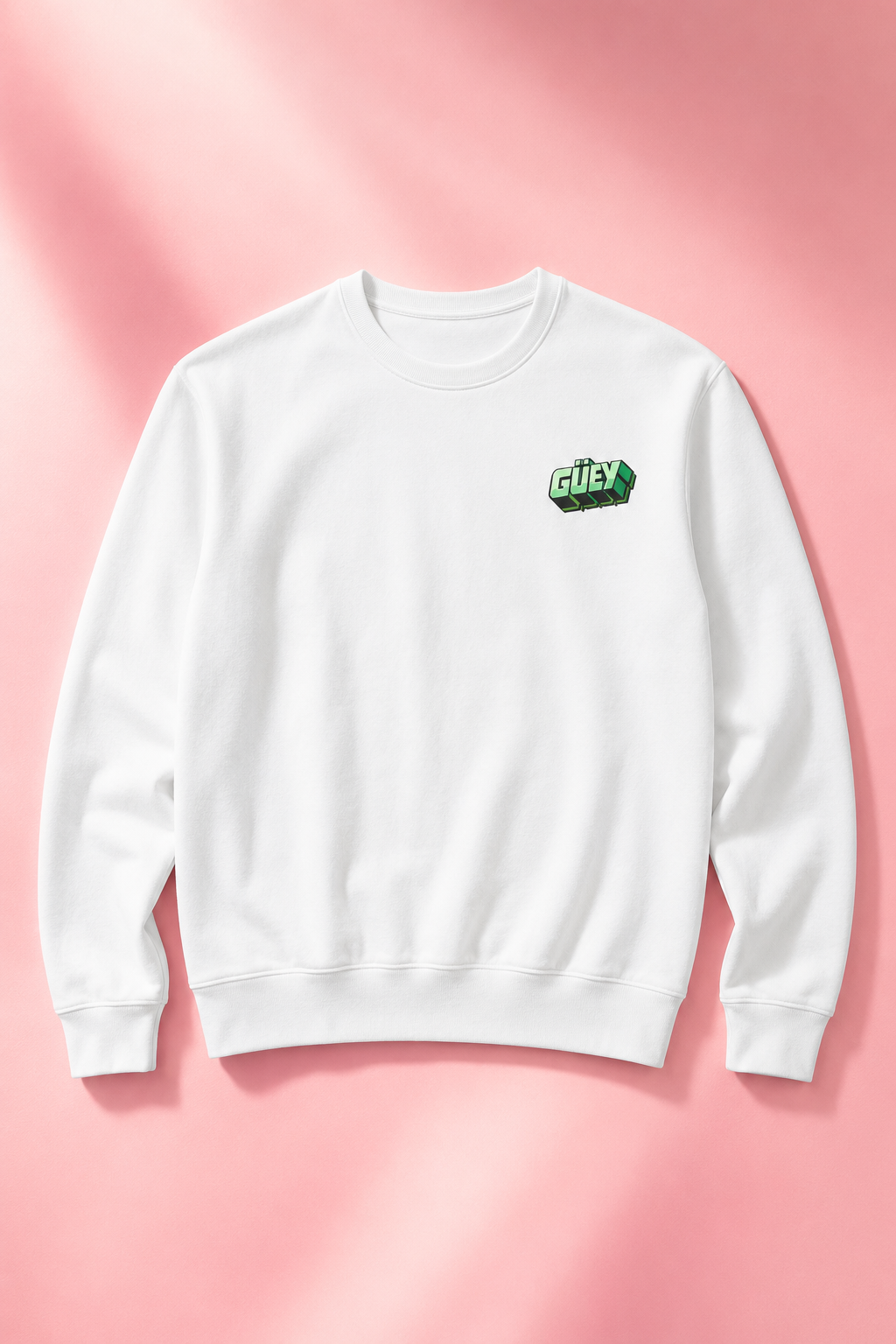 White Güey Mexican slang crewneck sweatshirt front view on a light pink background