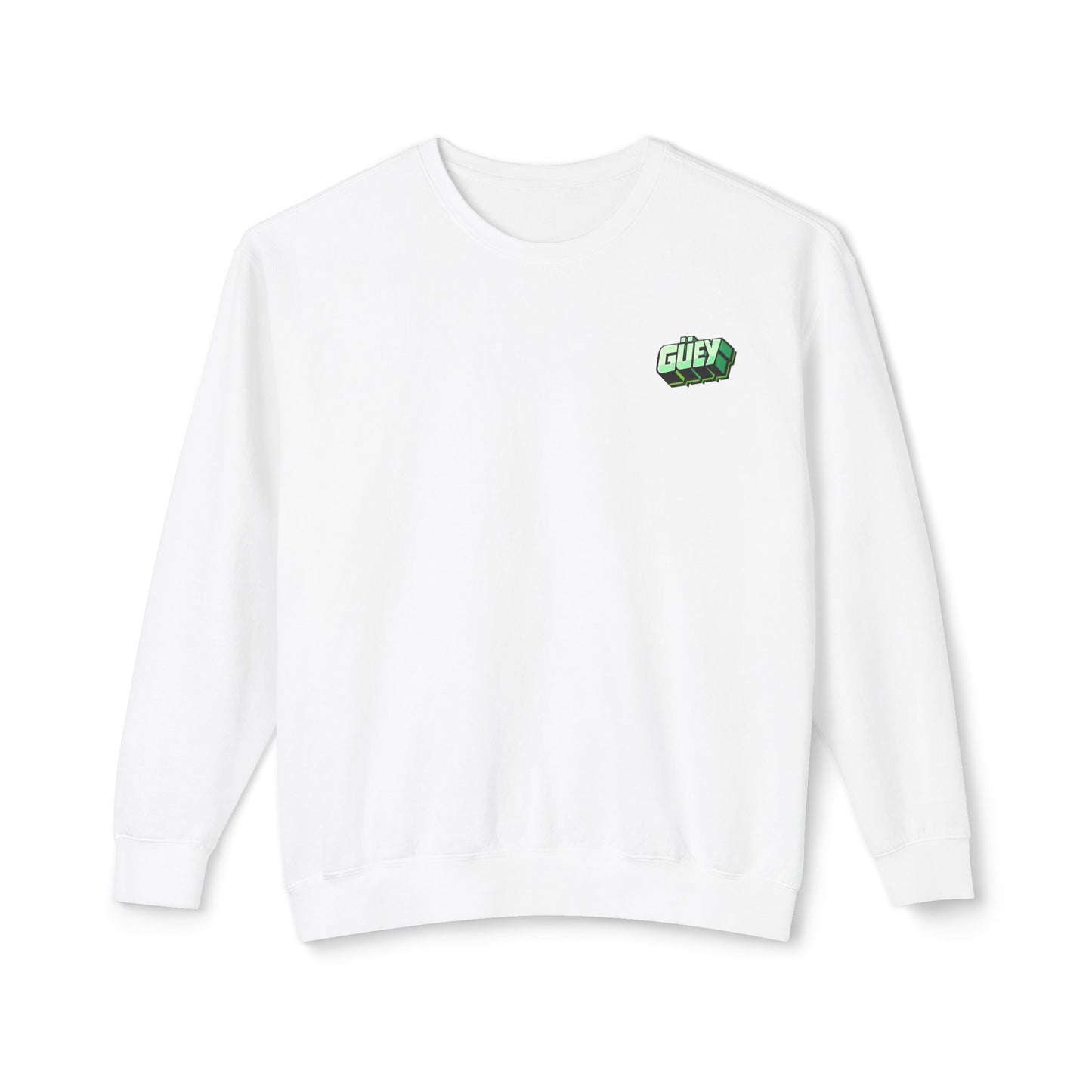 White Güey Mexican slang crewneck sweatshirt with small green chest graphic, front view