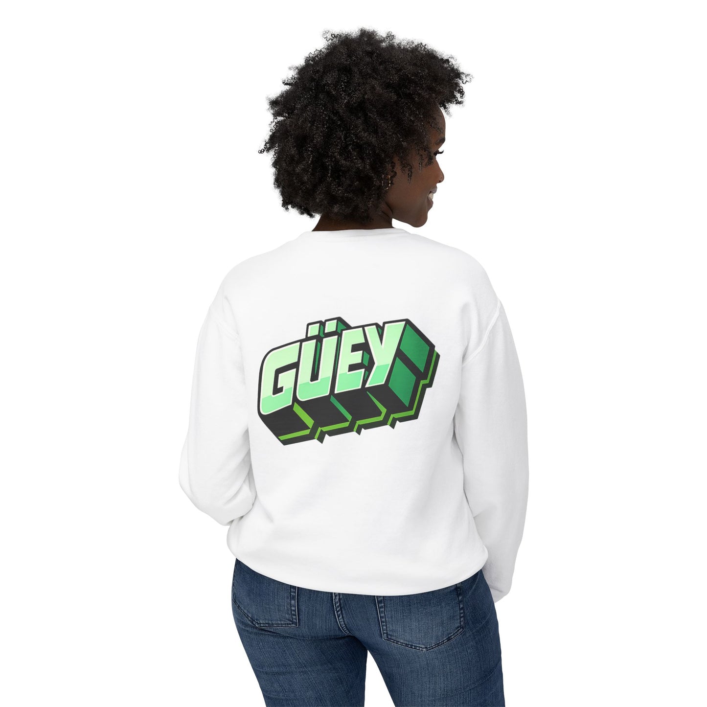 Woman wearing a white Güey Mexican slang graphic sweatshirt with large back print