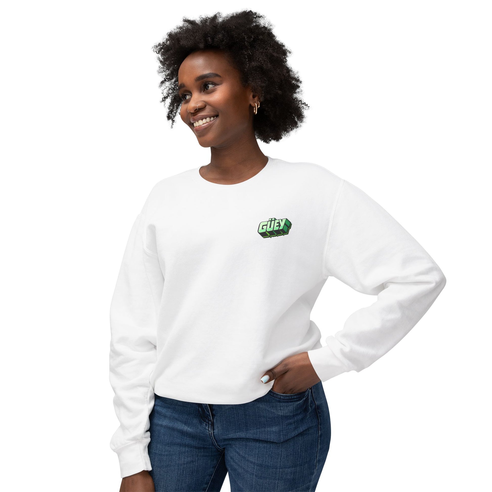 Woman wearing a white Güey Mexican slang crewneck sweatshirt, front view