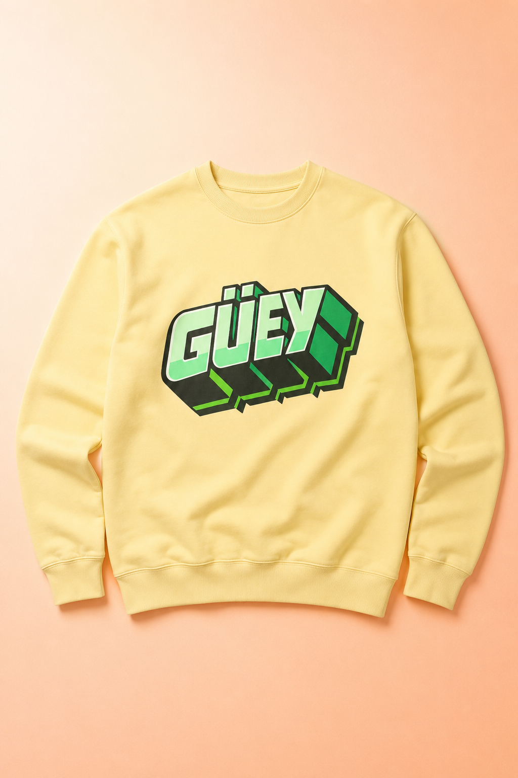 Pastel yellow Güey Mexican slang graphic sweatshirt back view on a light peach background