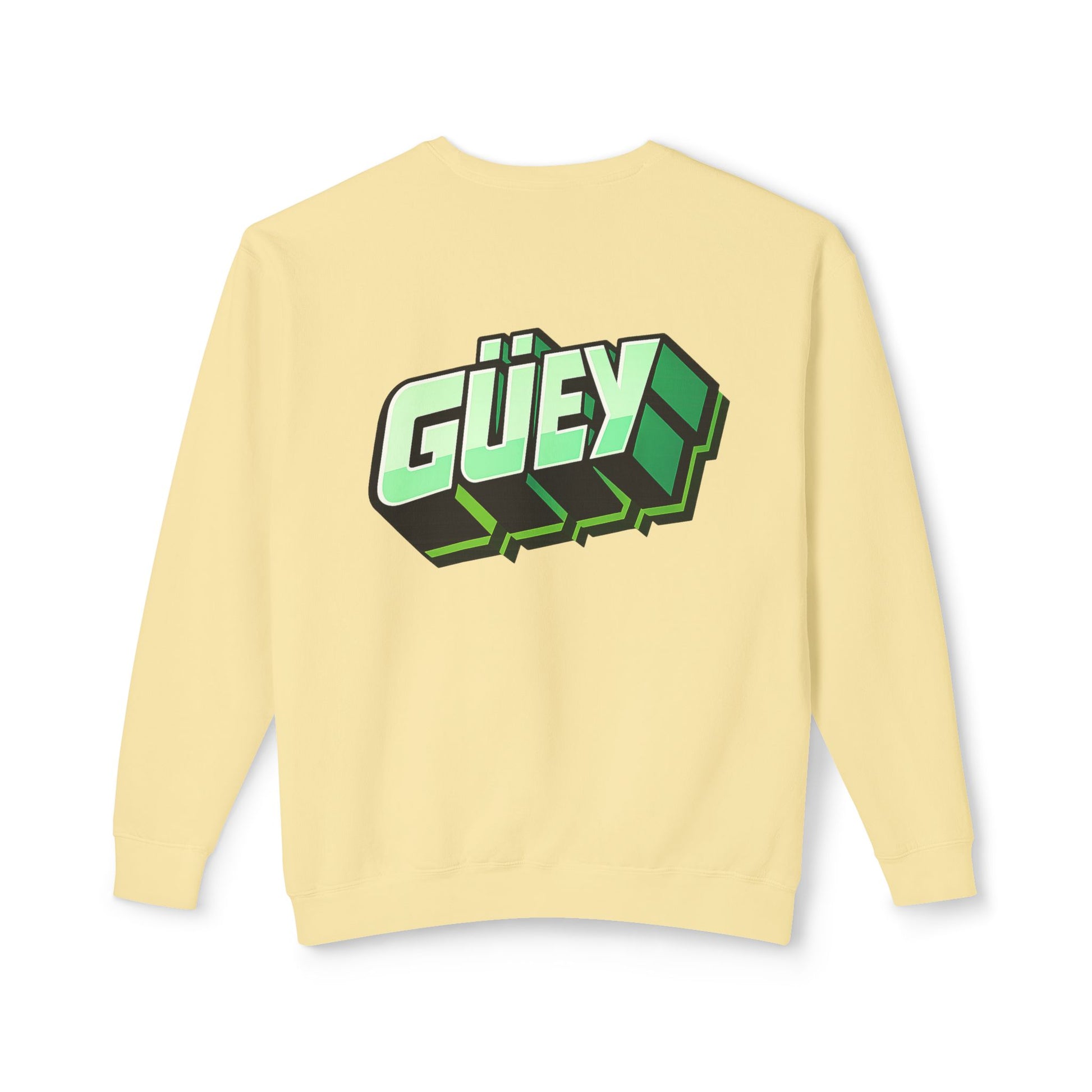 Pastel yellow Güey Mexican slang sweatshirt with large green graphic, back view