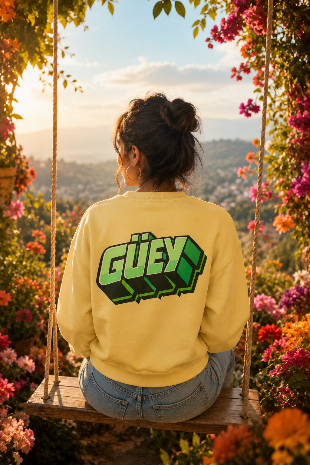 Woman wearing a yellow Güey Mexican slang sweatshirt while sitting on a swing in a colorful flower garden, back view