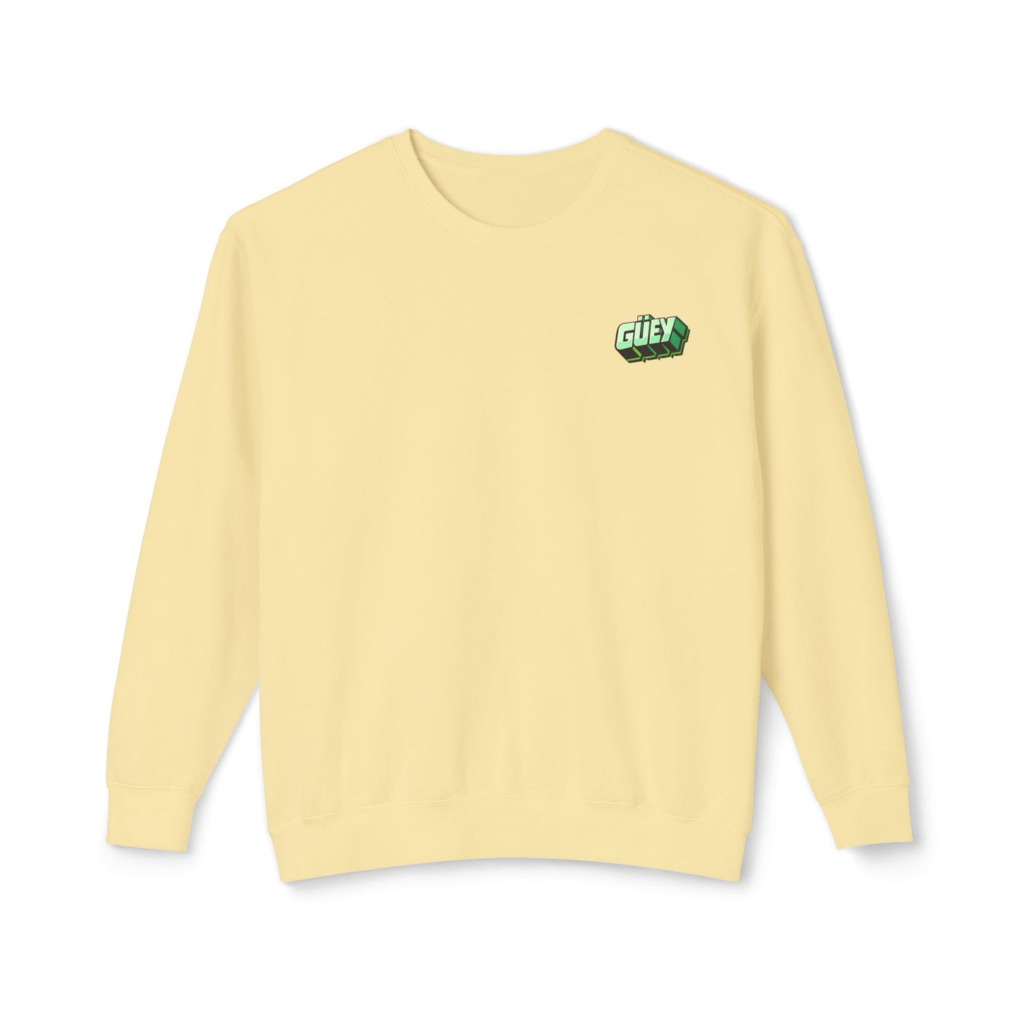 Pastel yellow Güey Mexican slang crewneck sweatshirt with small chest graphic, front view