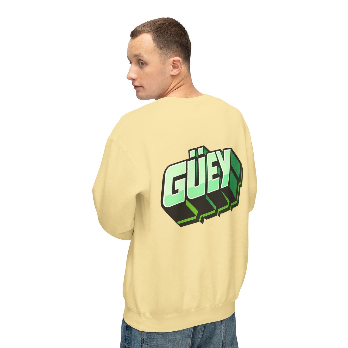Man wearing a pastel yellow Güey Mexican slang sweatshirt with large graphic, back view