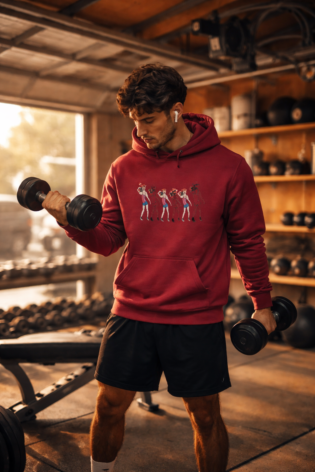 Gym Rat men's workout hoodie red gym sweatshirt worn during dumbbell workout in gym