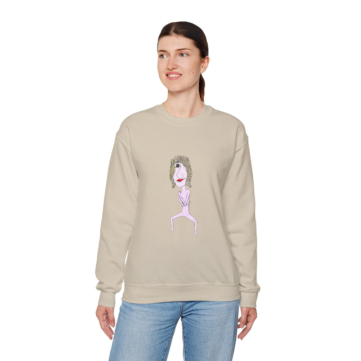 Female model wearing the beige Hair Dude hand-drawn character sweatshirt.