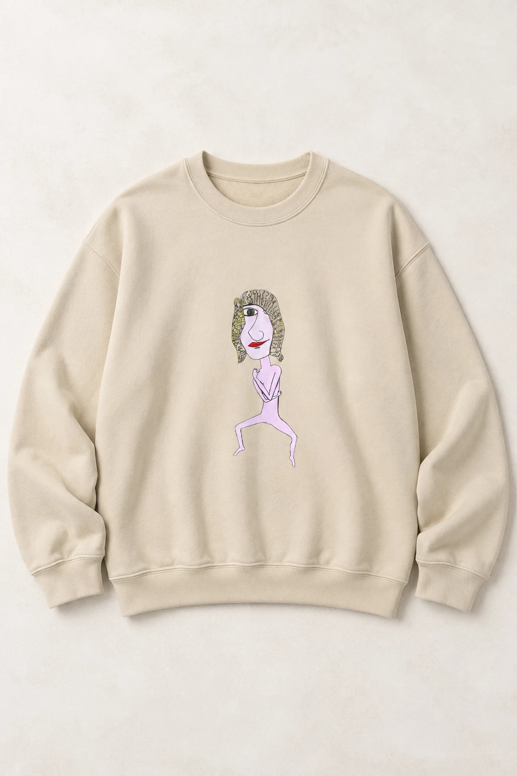 Beige Hair Dude sweatshirt with original hand-drawn character artwork in a clean flat lay.
